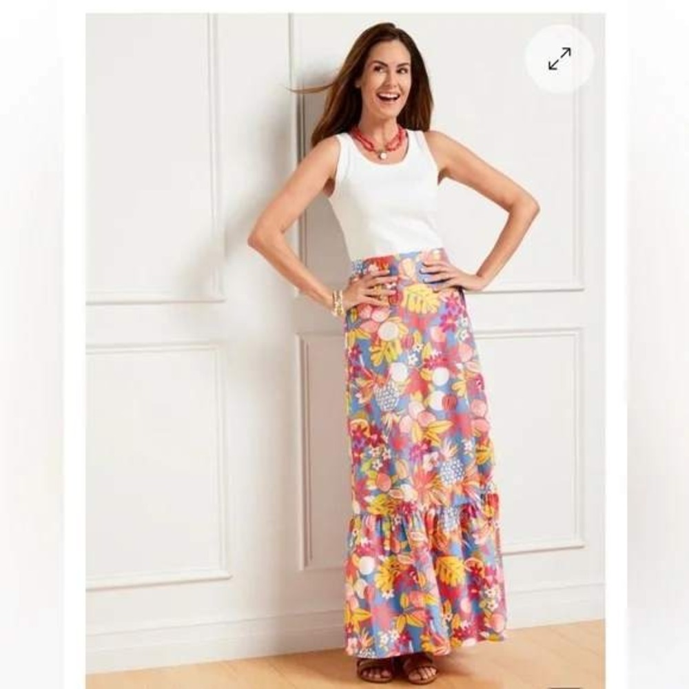 Talbots Womens XS Blue Tropical Fruit Floral Cotton Tiered Ruffle Maxi Skirt NEW